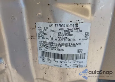 2006 Ford F-150 Fx4/Lariat/Xl/Xlt z USA, uszkodzony, nr VIN 1FTPX14556FA75224